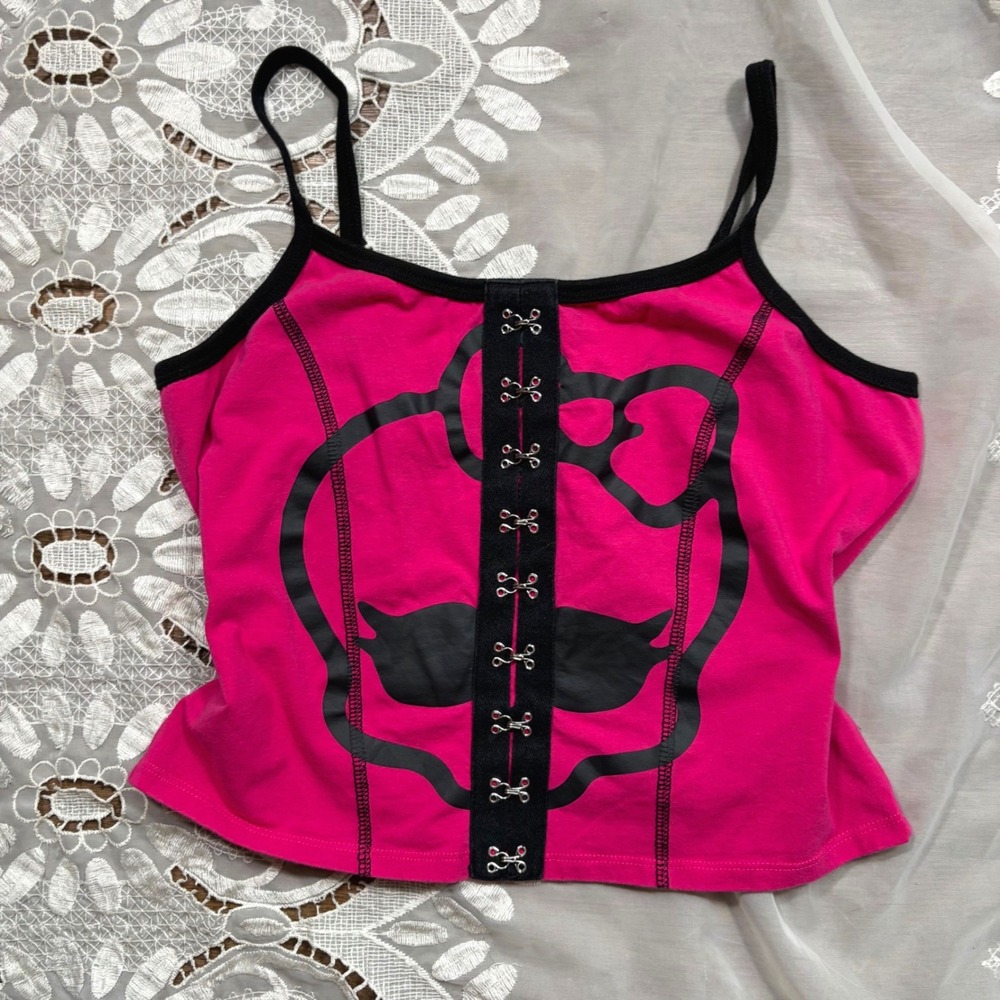 Monster High Hot Pink Black Skull Hook Eye Cami Top Y2K Emo Goth Medium
